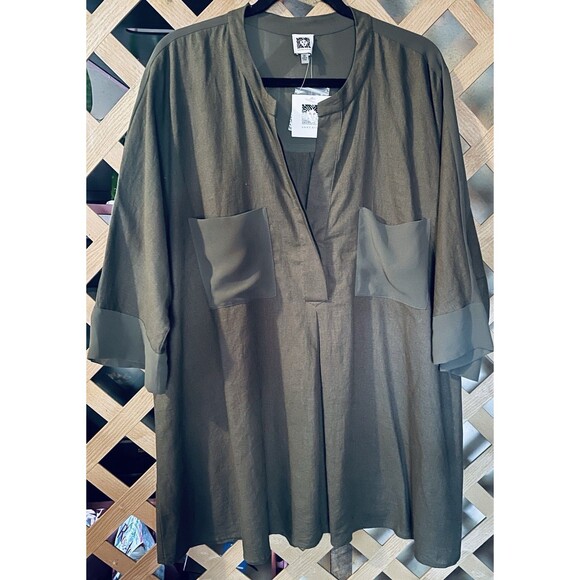 NWT ANNE KLEIN Linen Blend Mixed Media Olive Green High-Low Tunic 2X - Picture 5 of 12